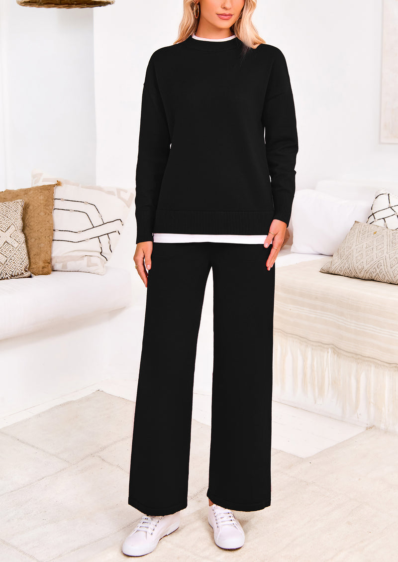 PRETTYGARDEN Two Piece Matching Sweater Lounge Sets Knit Long Sleeve Pullover Tops Wide Leg Pants