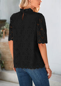 Short Sleeve Eyelet Embroidered Dressy Casual Blouse