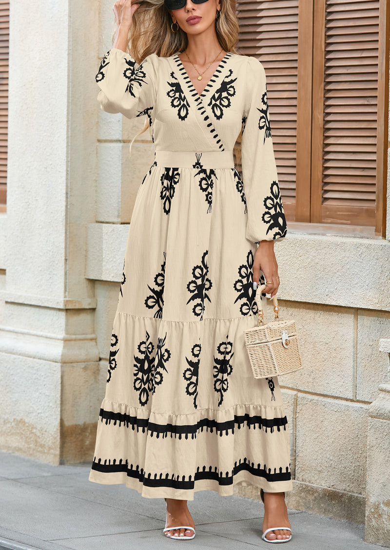 PRETTYGARDEN Women's Fall Wedding Guest Dresses Boho Floral Long Sleeve V Neck Flowy Elegant Maxi Dress Beach Clothes
