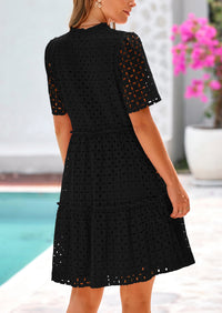 Short Sleeve V Neck Hollow Out Eyelet Ruffle A Line Swing Mini Dress