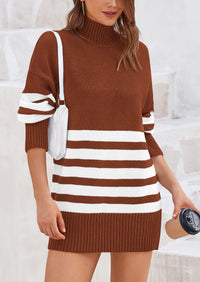Striped Turtleneck Long Sleeve Loose Fit Chunky Knit Casual Mini Sweater Dresses