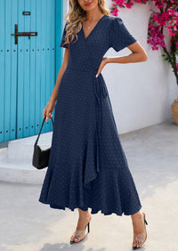 Leisure Bohemian Flower V-Neck Short Sleeved Ruffled Beach Long Skirt