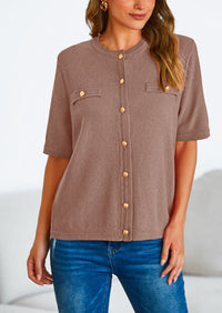 Button Down Casual Short Sleeve Crew Neck Ribbed Knit Shirts