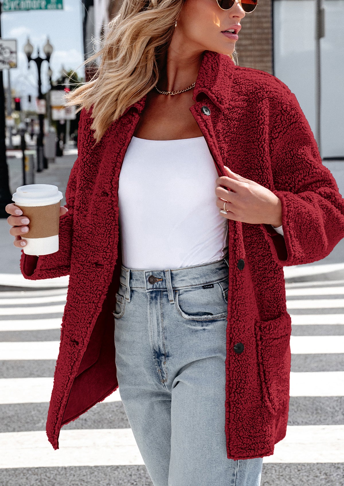 Long Sleeve Lapel Button Down Pockets Fleece Faux Fur Coats