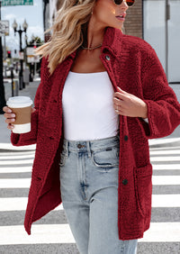 Long Sleeve Lapel Button Down Pockets Fleece Faux Fur Coats