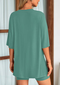 Casual Short Sleeved Round Neck Top Paired With Shorts Two-Piece Set