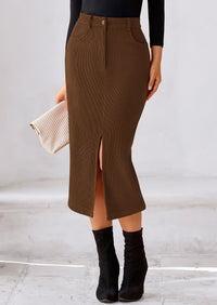 Casual Work High Waisted Long Slit Corduroy Midi Pencil Skirts