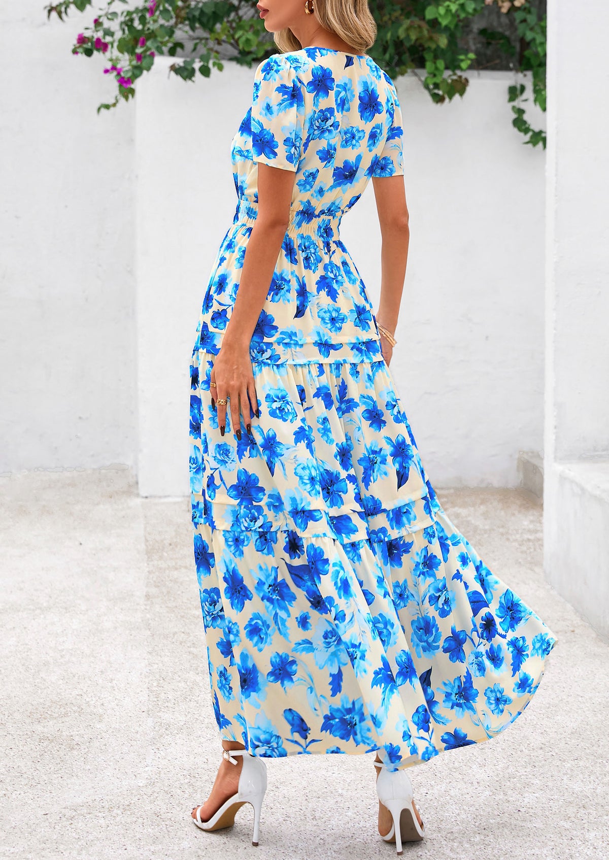 Boho Floral Short Sleeve V Neck A Line Tiered Ruffle Flowy Long Beach Vacation Maxi Dresses