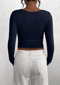 Long Sleeved V-Neck Button Slim Knit Solid Color Casual Shirt