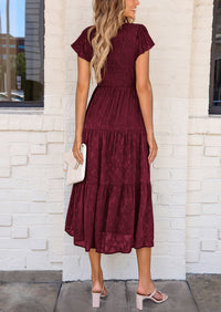 Floral  Summer Cap Sleeve Smocked Ruffle A Line Long Flowy Wedding Guest Midi Dresses