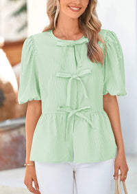 Striped Round Neck Front, Lace Up Bubble Sleeves Tops