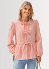 PRETTYGARDEN Women's Spring Fall Babydoll Peplum Blouse Shirt Puff Long Sleeve Bow Tie Front Trendy Cute Y2K Going Out Tops
