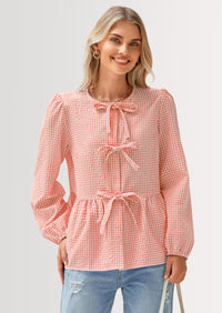 PRETTYGARDEN Women's Spring Fall Babydoll Peplum Blouse Shirt Puff Long Sleeve Bow Tie Front Trendy Cute Y2K Going Out Tops