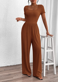 Casual Short Sleeve Square Neck Wide Leg Jumpsuits