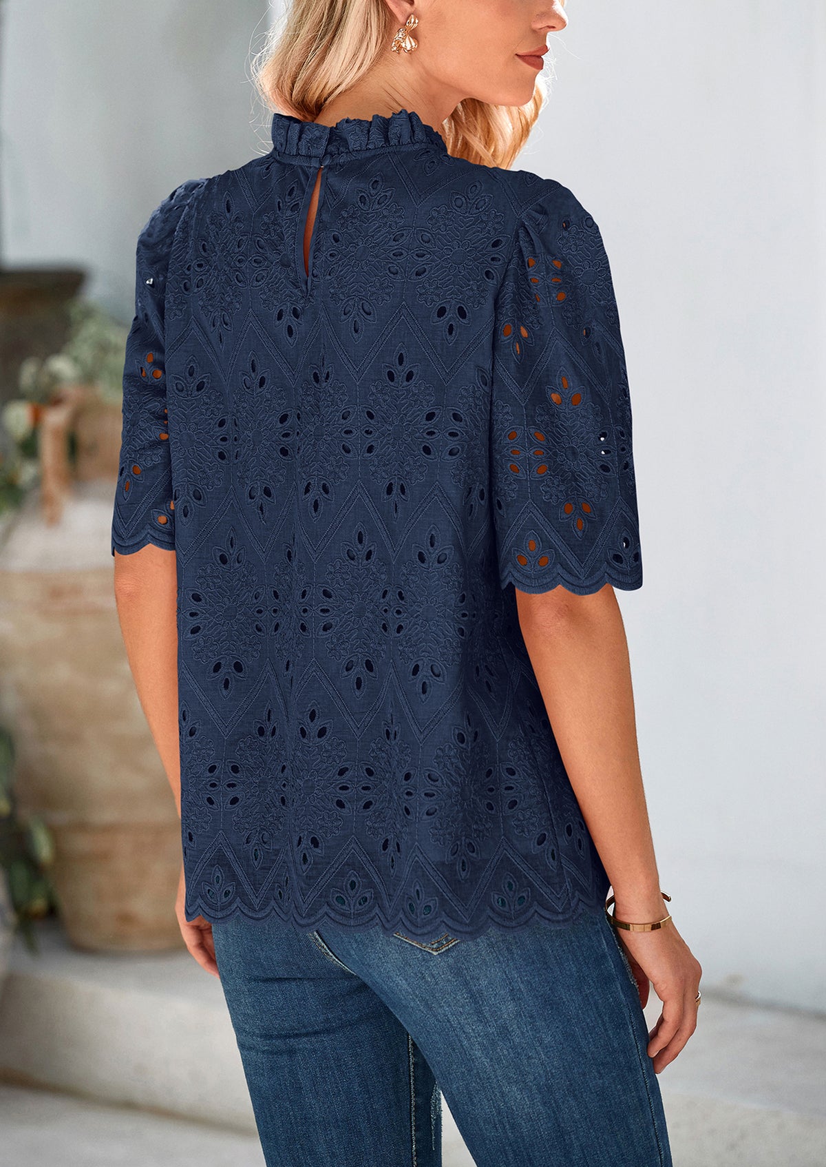 Short Sleeve Eyelet Embroidered Dressy Casual Blouse
