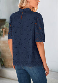 Short Sleeve Eyelet Embroidered Dressy Casual Blouse