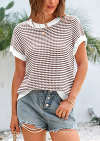 Short Sleeve Round Neck Striped Pullover Cap Sleeve Knit T-shirt