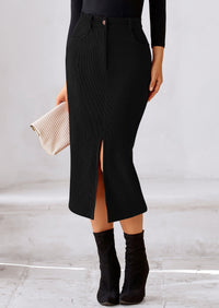 Casual Work High Waisted Long Slit Corduroy Midi Pencil Skirts