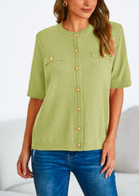 Button Down Casual Short Sleeve Crew Neck Ribbed Knit Shirts