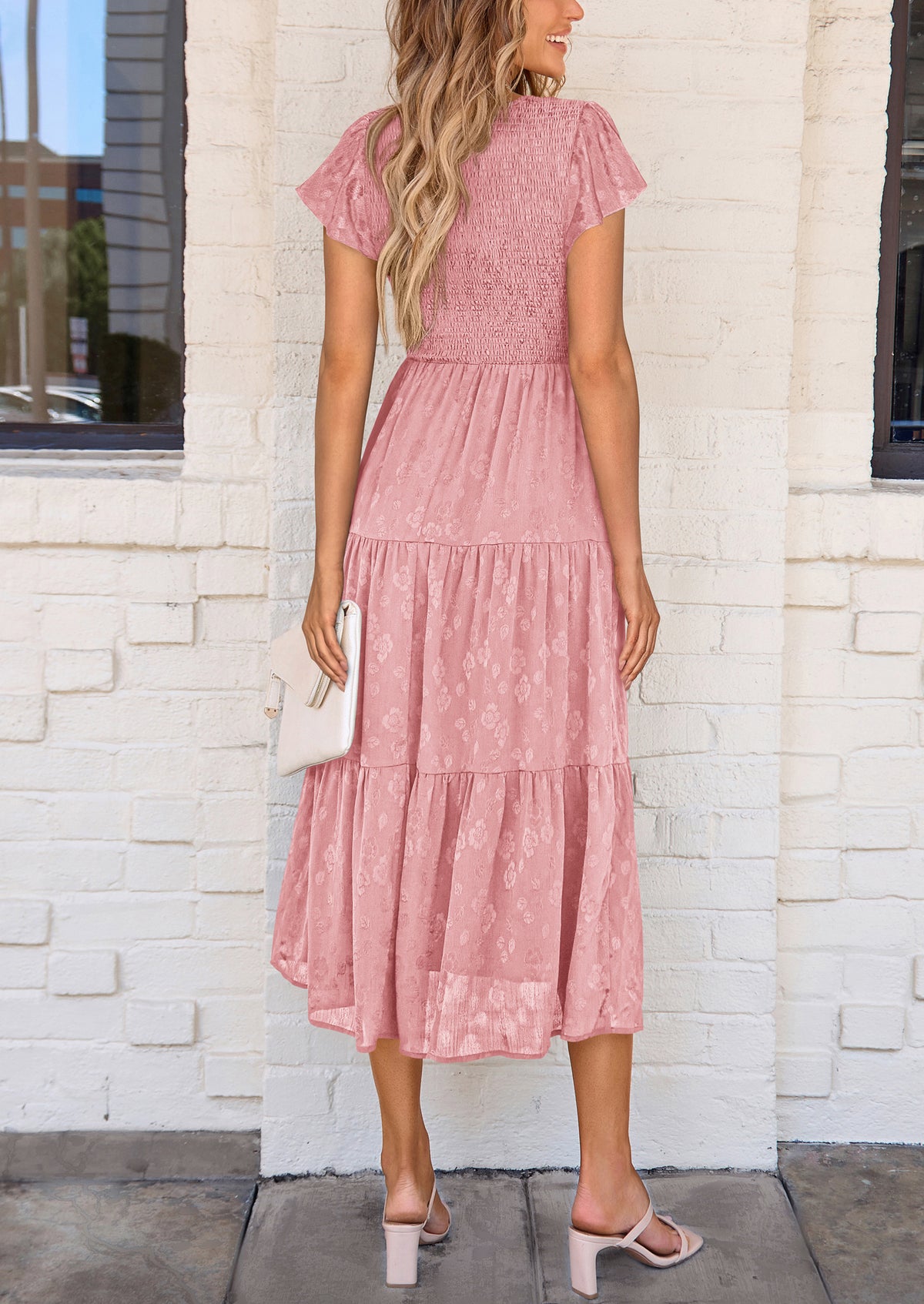 Floral  Summer Cap Sleeve Smocked Ruffle A Line Long Flowy Wedding Guest Midi Dresses