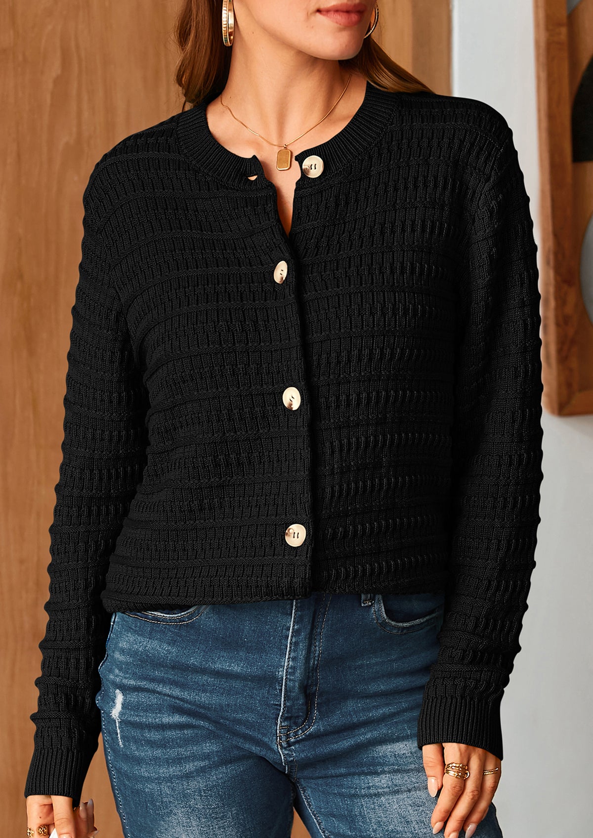 Knit Cardigan Long Sleeve Open Front Button Down Jacket