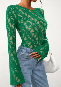 PRETTYGARDEN Womens Lace Long Bell Sleeve Tops Fall Sexy See Through Sheer Floral Blouse Shirt Fitted Going Out Outfits