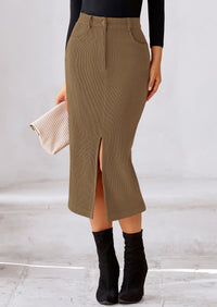 Casual Work High Waisted Long Slit Corduroy Midi Pencil Skirts
