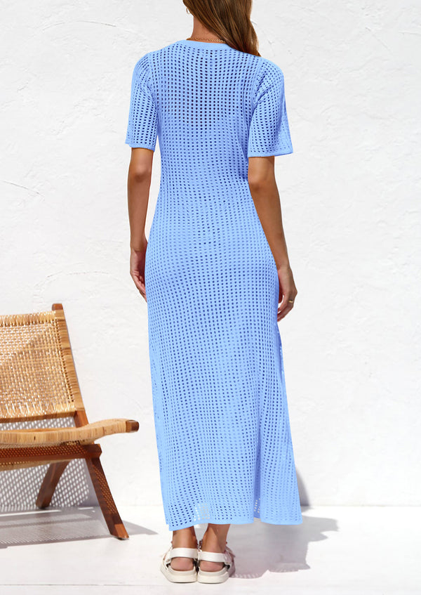 Eyelet Beach Vacation Resort Short Sleeve Hollow Out Dress Cover Up Maxi Dresses