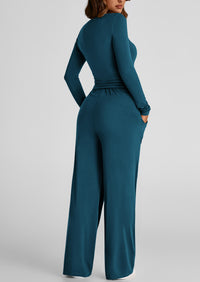 Long Sleeve Crop Tee Wide Leg Pants Two Piece Sets