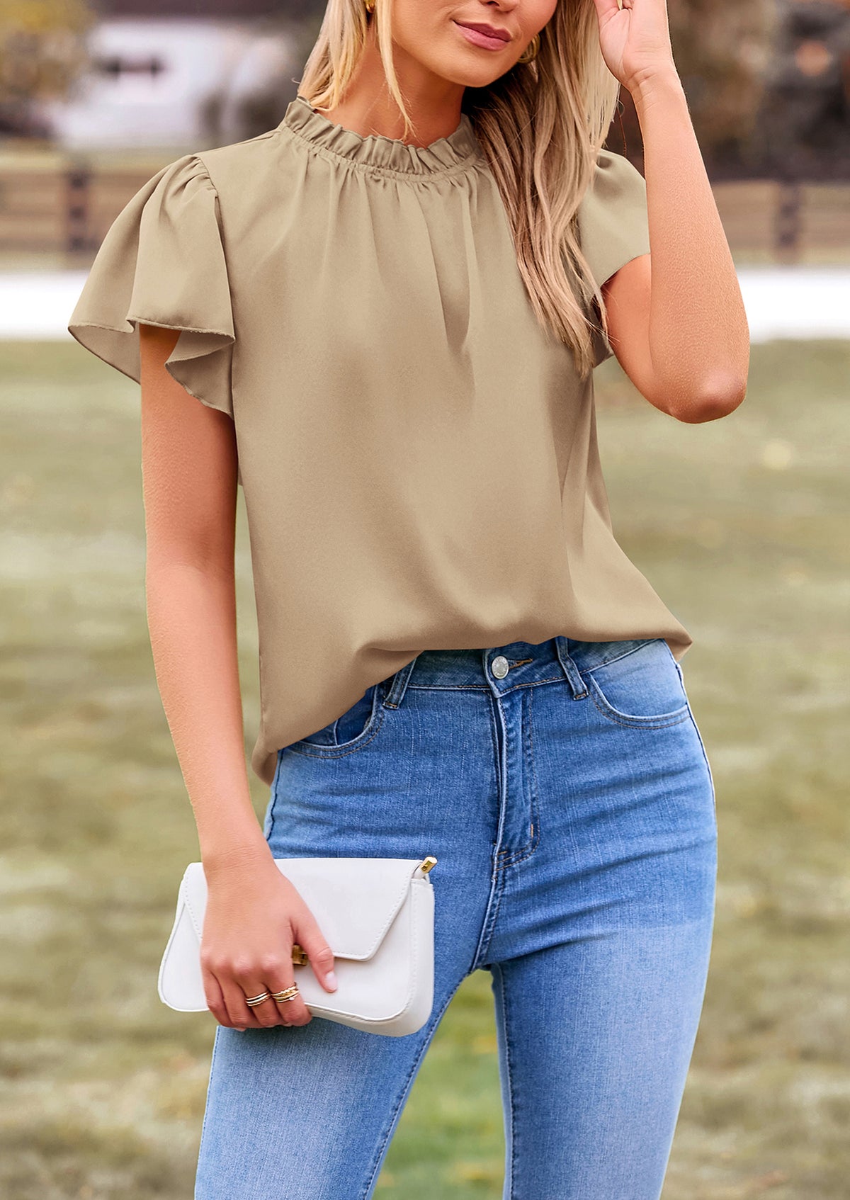 Satin Dressy Casual Ruffle Short Sleeve Crew Neck Work Party Blouses