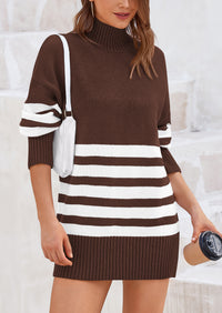 Striped Turtleneck Long Sleeve Loose Fit Chunky Knit Casual Mini Sweater Dresses
