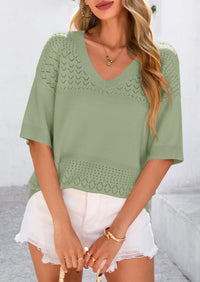 Short Sleeved Casual V-Neck Knitted Small Eye Shirt