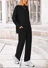 Long Sleeve High Low Tops T-Shirts Wide Leg Pants Two Piece Sets