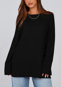 Knit Long Sleeve Crew Neck Split Hem Loose Oversized Tunic Sweaters