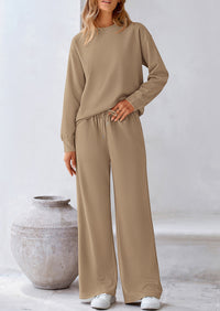 Casual Long Sleeve Pullover Tops and Wide Leg Pants Knitted Two Piece Sets