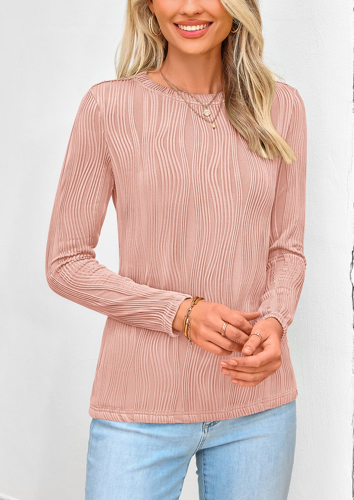 Plain Long Sleeve Crew Neck Textured Casual T-shirts