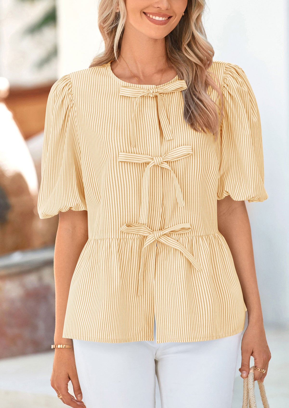 Striped Round Neck Front, Lace Up Bubble Sleeves Tops