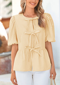 Striped Round Neck Front, Lace Up Bubble Sleeves Tops