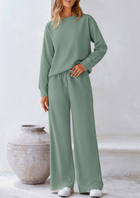 Casual Long Sleeve Pullover Tops and Wide Leg Pants Knitted Two Piece Sets