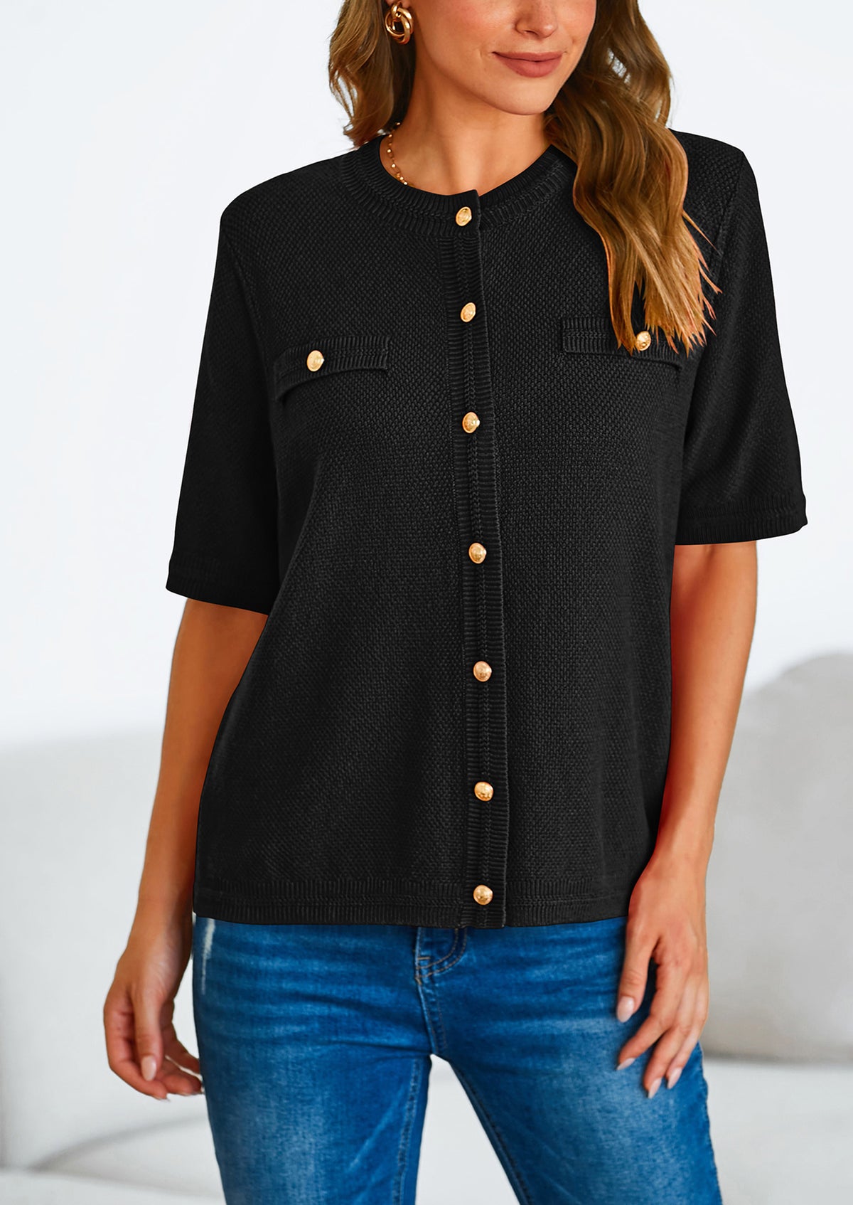 Button Down Casual Short Sleeve Crew Neck Ribbed Knit Shirts