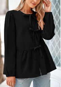Babydoll Peplum Puff Long Sleeve Bow Tie Front Y2K Blouses