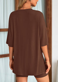 Casual Short Sleeved Round Neck Top Paired With Shorts Two-Piece Set