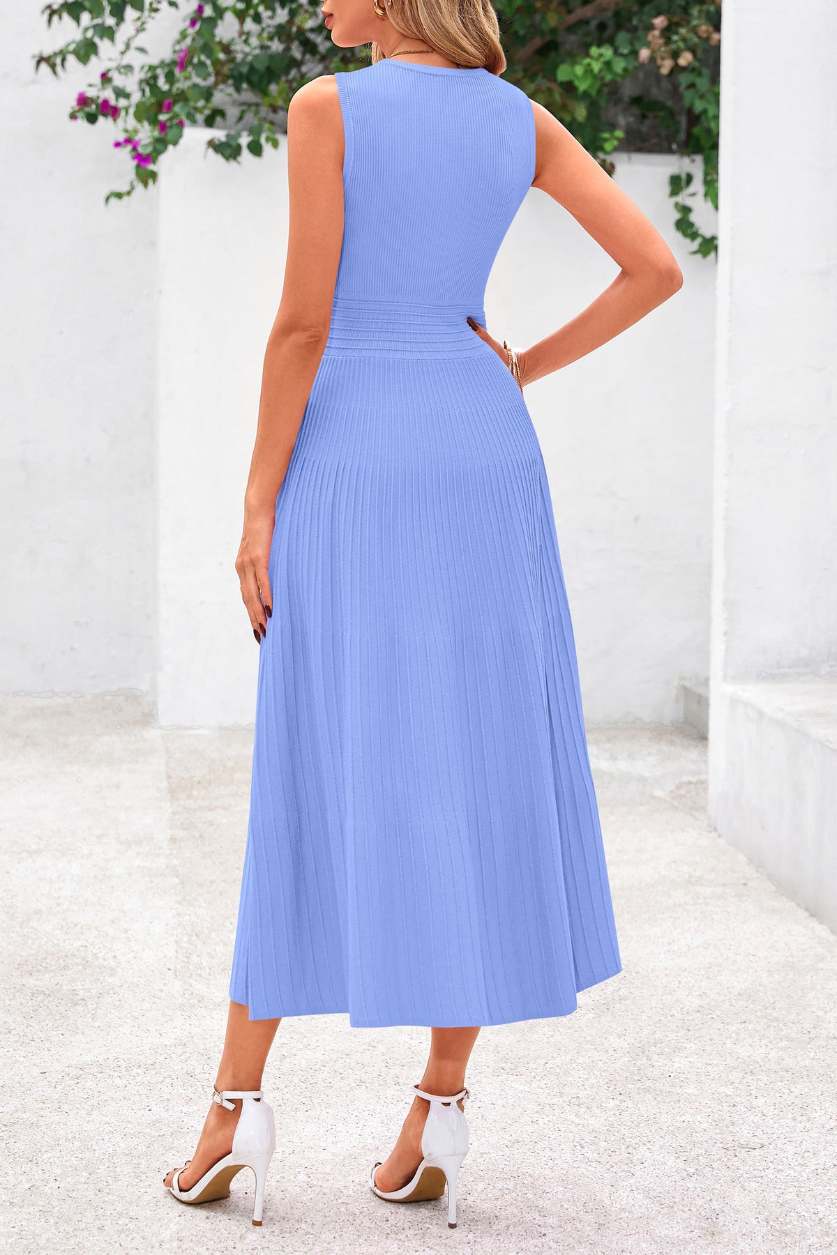 Sleeveless Crew Neck Knit A Line Pleated Swing Wedding Guest Casual Midi Dresses