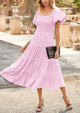 Casual Short Sleeved Square Neck Layered Pleated Dress