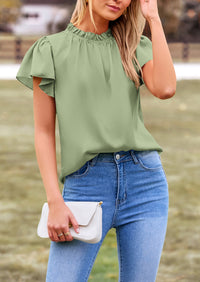 Satin Dressy Casual Ruffle Short Sleeve Crew Neck Work Party Blouses