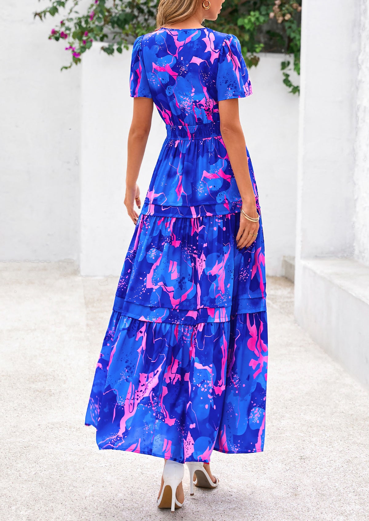 Boho Floral Short Sleeve V Neck A Line Tiered Ruffle Flowy Long Beach Vacation Maxi Dresses