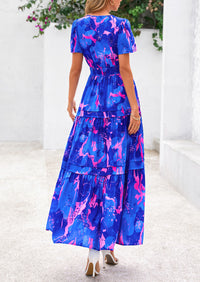 Boho Floral Short Sleeve V Neck A Line Tiered Ruffle Flowy Long Beach Vacation Maxi Dresses