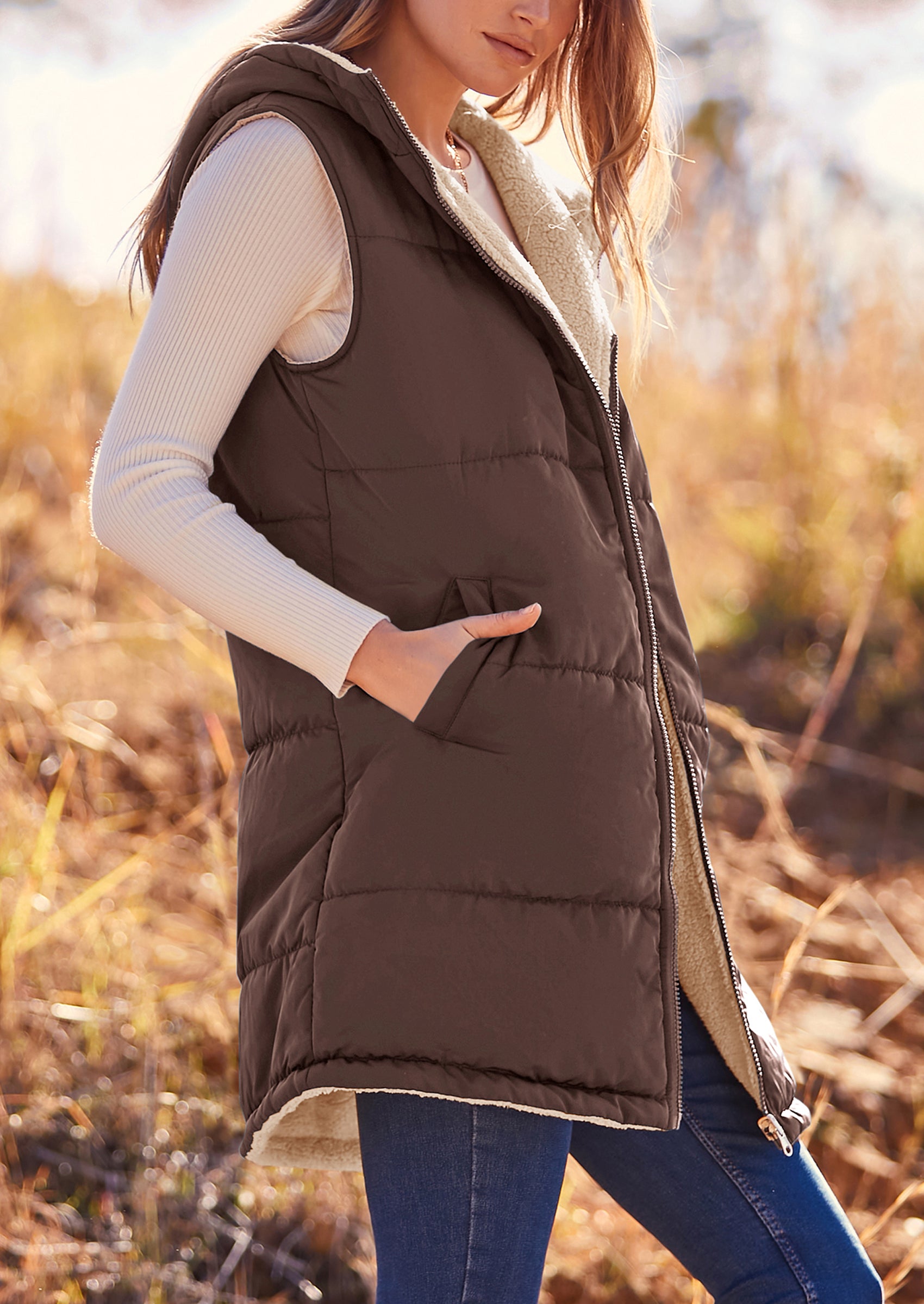 PRETTYGARDEN Womens Fall Reversible Vests Sleeveless Fleece Jacket Zip Up Hoodie Pockets Long Warm Winter Coat Outerwear