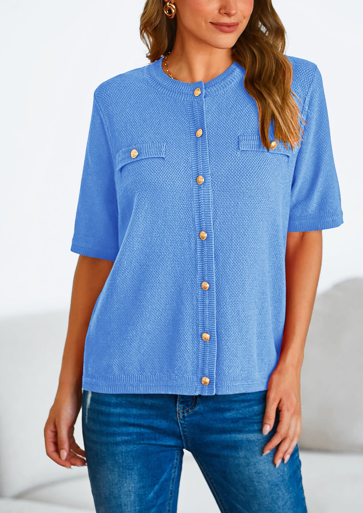 Button Down Casual Short Sleeve Crew Neck Ribbed Knit Shirts