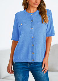 Button Down Casual Short Sleeve Crew Neck Ribbed Knit Shirts